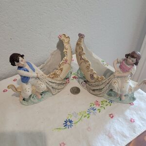 Antique German Bisque Pair Girl & Boy Fishing Boat Planter Figurine Romantic